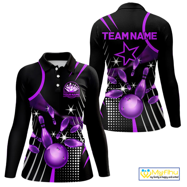 Black and Purple Women Bowling Polo, Quarter Zip Shirts Custom Bowling outfit ladies Team Jerseys NQS9958