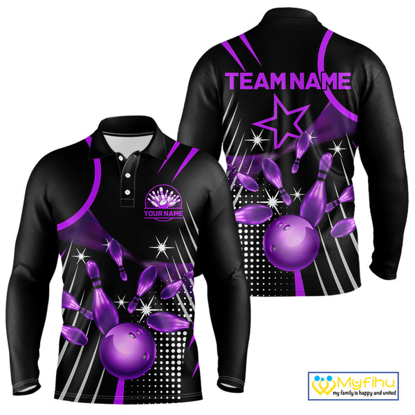 Black and Purple Mens Bowling Polo, Quarter Zip Shirts Custom Bowling outfit men Team Jerseys NQS9958