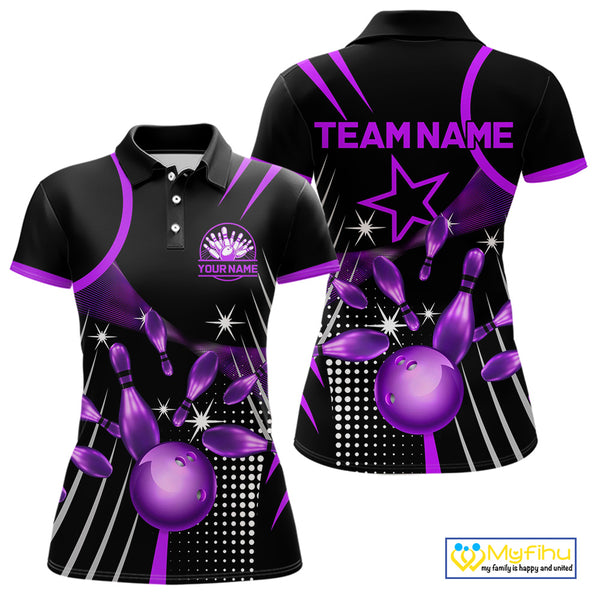Black and Purple Women Bowling Polo, Quarter Zip Shirts Custom Bowling outfit ladies Team Jerseys NQS9958