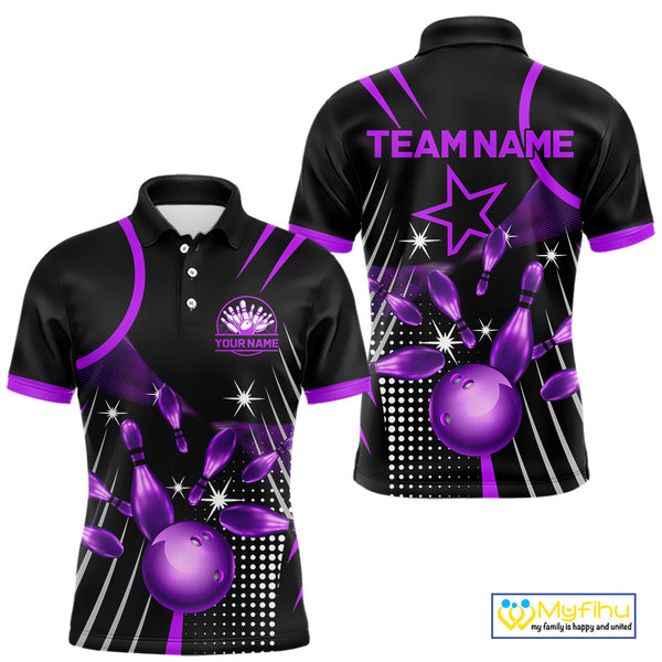 Black and Purple Mens Bowling Polo, Quarter Zip Shirts Custom Bowling outfit men Team Jerseys NQS9958