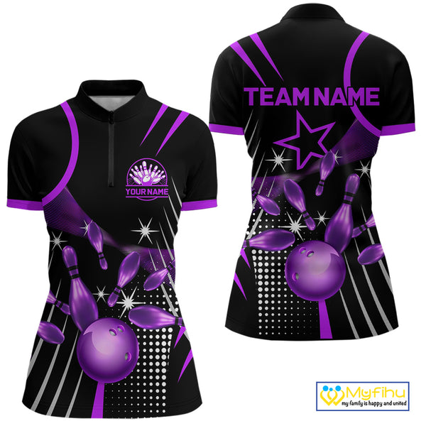 Black and Purple Women Bowling Polo, Quarter Zip Shirts Custom Bowling outfit ladies Team Jerseys NQS9958