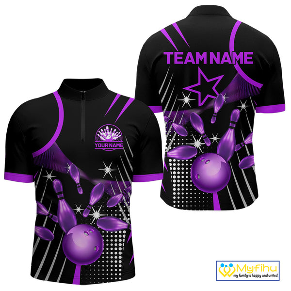 Black and Purple Mens Bowling Polo, Quarter Zip Shirts Custom Bowling outfit men Team Jerseys NQS9958
