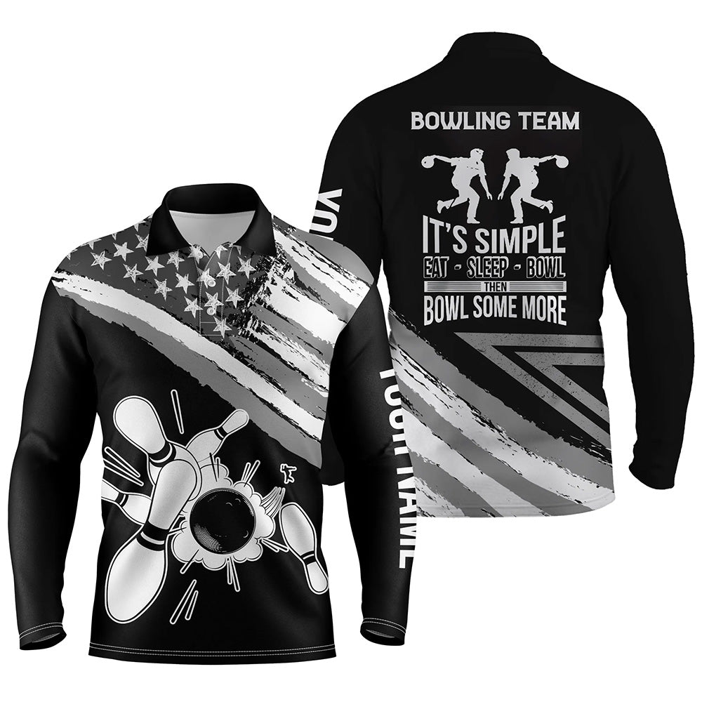 Black American flag retro Men's Bowling polo Shirt Custom team bowling outfits eat sleep bowl NQS5937