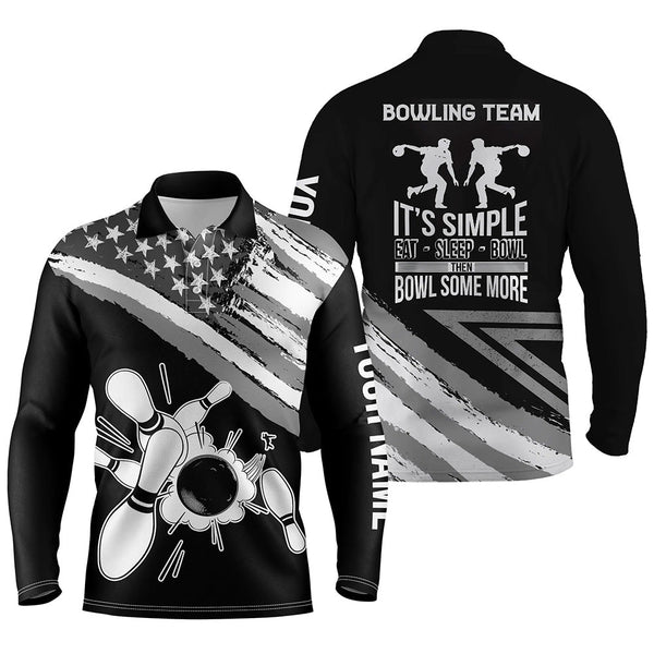 Black American flag retro Men's Bowling polo Shirt Custom team bowling outfits eat sleep bowl NQS5937