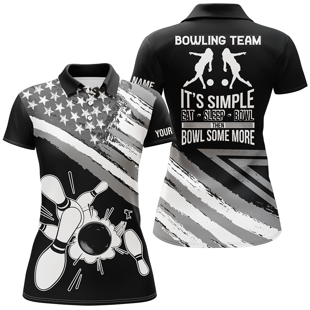 Black American flag retro Women Bowling polo Shirt Custom team bowling outfits eat sleep bowl NQS5937