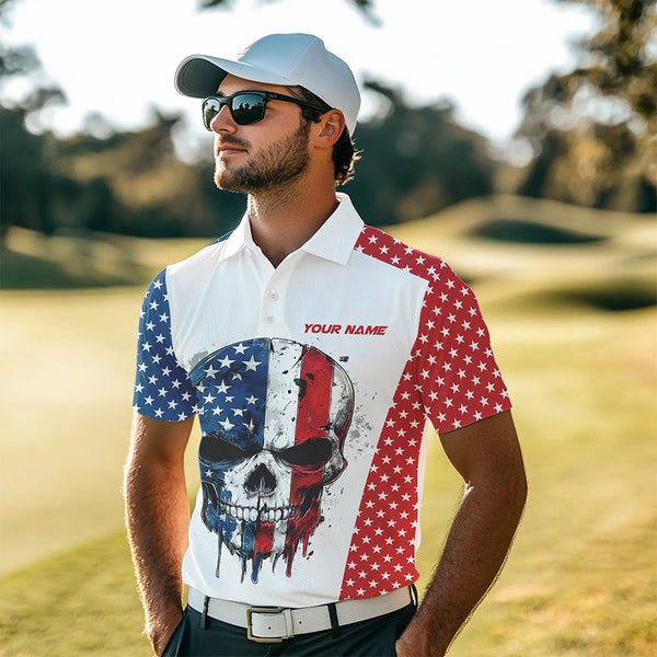 Red, white and blue American Flag Skull Mens golf polo shirts custom patriotic golf attire for mens NQS9375