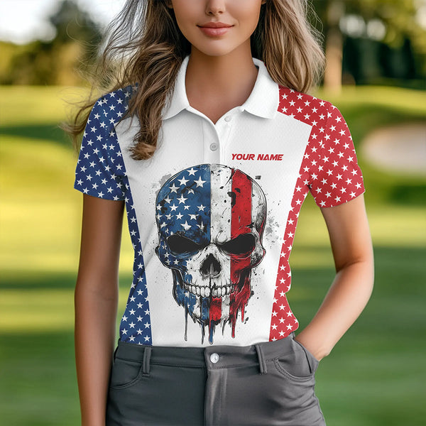 Red, white and blue American Flag Skull Women golf polo shirt custom patriotic golf attire for ladies NQS9375