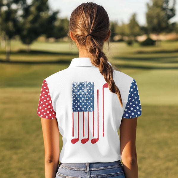 Red, white and blue American Flag Skull Women golf polo shirt custom patriotic golf attire for ladies NQS9375