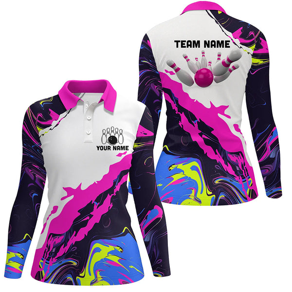 Women bowling polo shirts Custom Bowling ball and pins Team league Jerseys, gifts for bowlers | Pink NQS7283