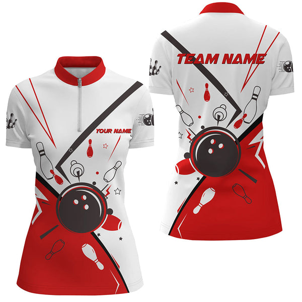 Women bowling Polo, Quarter Zip shirts Custom Bowling Team League Jerseys, gift for bowlers | Red NQS7623