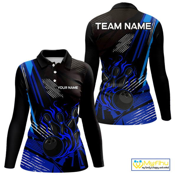 Black and Blue Flame Bowling Polo, Quarter Zip Shirts For Women Custom Bowling Outfit Team Jerseys NQS9962