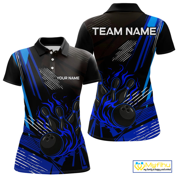 Black and Blue Flame Bowling Polo, Quarter Zip Shirts For Women Custom Bowling Outfit Team Jerseys NQS9962