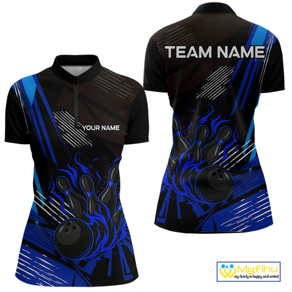 Black and Blue Flame Bowling Polo, Quarter Zip Shirts For Women Custom Bowling Outfit Team Jerseys NQS9962