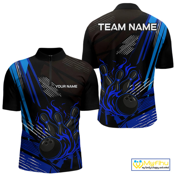 Black and Blue Flame Bowling Polo, Quarter Zip Shirts For Men Custom Bowling Outfit Team Jerseys NQS9962