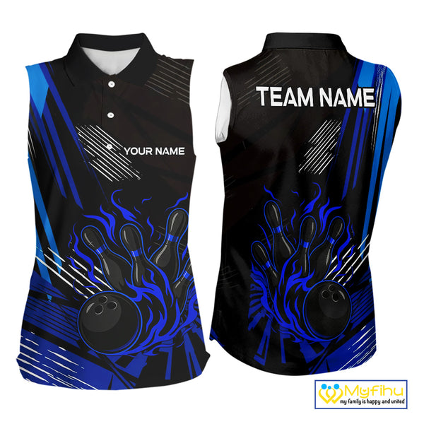 Black and Blue Flame Bowling sleeveless polo Shirts Custom Bowling Outfit Team Jerseys NQS9962