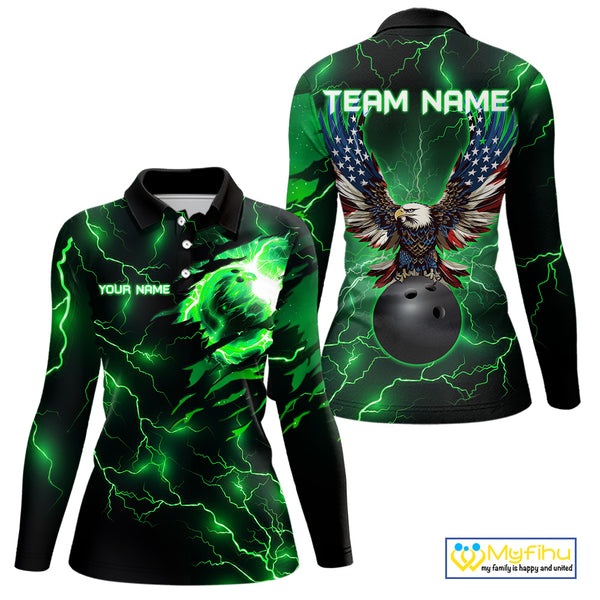 Green lightning thunder bowling American flag Eagle custom Women Bowling Polo, Quarter Zip Shirts NQS10111