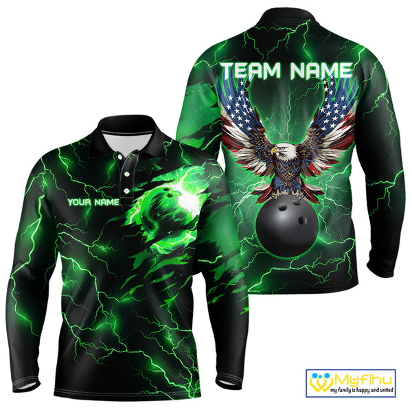 Green lightning thunder bowling American flag Eagle custom Mens Bowling Polo, Quarter Zip Shirts NQS10111