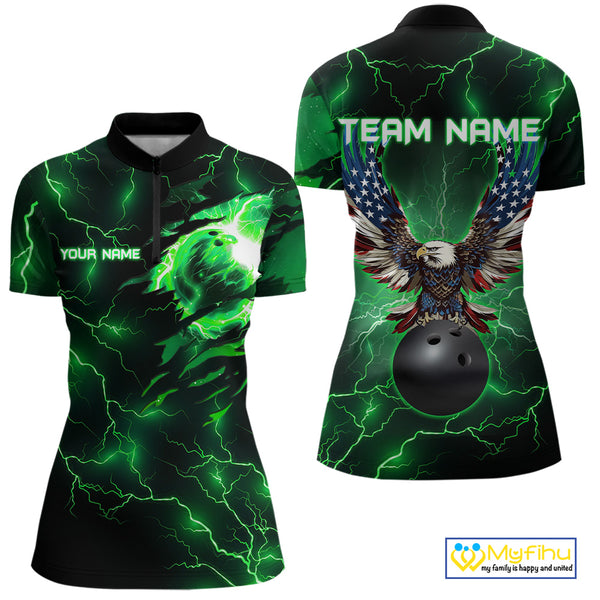 Green lightning thunder bowling American flag Eagle custom Women Bowling Polo, Quarter Zip Shirts NQS10111