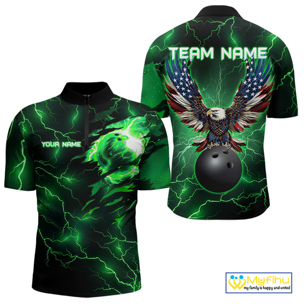 Green lightning thunder bowling American flag Eagle custom Mens Bowling Polo, Quarter Zip Shirts NQS10111