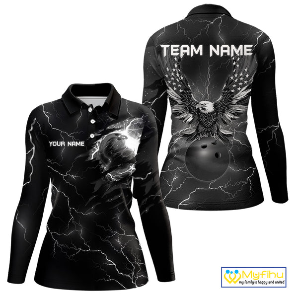 Black lightning thunder bowling American flag Eagle custom Women Bowling Polo, Quarter Zip Shirts NQS10112