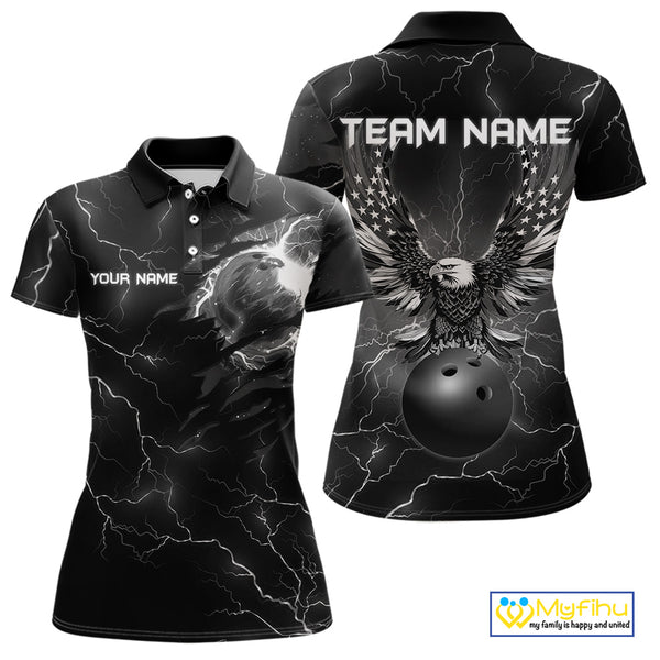 Black lightning thunder bowling American flag Eagle custom Women Bowling Polo, Quarter Zip Shirts NQS10112
