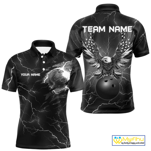 Black lightning thunder bowling American flag Eagle custom Mens Bowling Polo, Quarter Zip Shirts NQS10112
