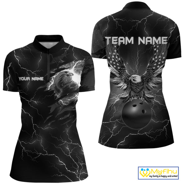 Black lightning thunder bowling American flag Eagle custom Women Bowling Polo, Quarter Zip Shirts NQS10112