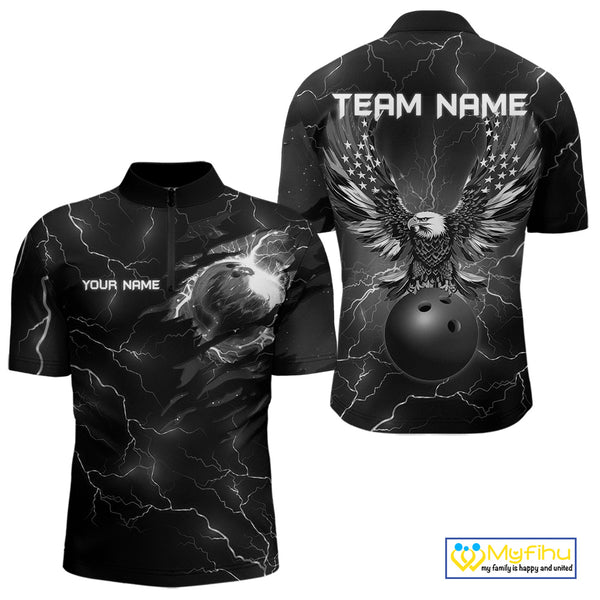 Black lightning thunder bowling American flag Eagle custom Mens Bowling Polo, Quarter Zip Shirts NQS10112