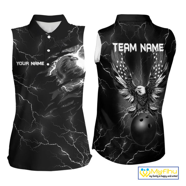 Black lightning thunder bowling American flag Eagle custom Women sleeveless Polo Shirt, team jerseys NQS10112