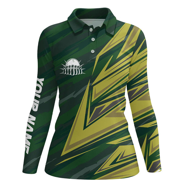 Women bowling polo shirts Custom green yellow camo Bowling Team Jersey, gift for team Bowlers NQS6380