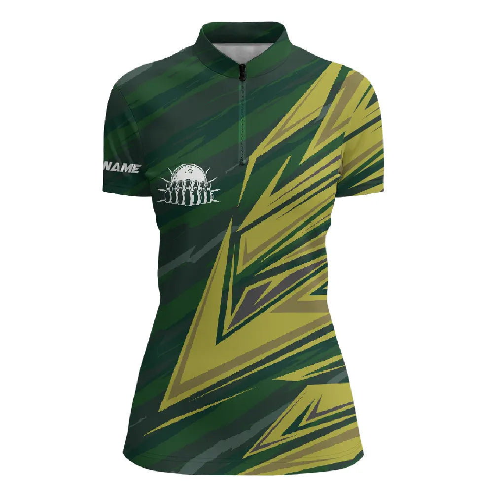 Womens bowling Quarter Zip shirt Custom green yellow camo Bowling Team Jersey, gift for team Bowlers NQS6380