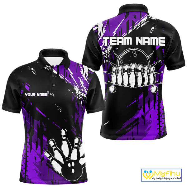 Black and Purple Mens bowling shirts Custom retro bowling ball and pins bowling team league jerseys NQS10642