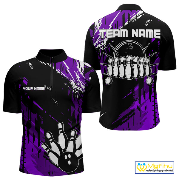 Black and Purple Mens bowling shirts Custom retro bowling ball and pins bowling team league jerseys NQS10642