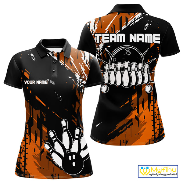 Black and Orange Women bowling shirts Custom retro bowling ball and pins bowling team league jerseys NQS10643