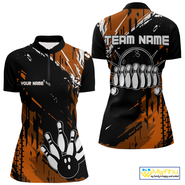 Black and Orange Women bowling shirts Custom retro bowling ball and pins bowling team league jerseys NQS10643