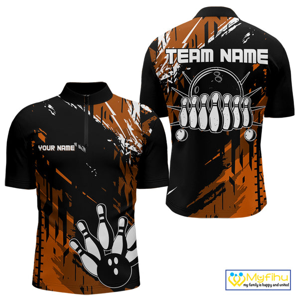 Black and Orange Mens bowling shirts Custom retro bowling ball and pins bowling team league jerseys NQS10643