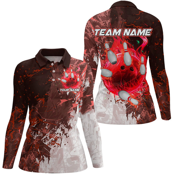 Red Camo Flame Bowling Polo, Quarter Zip Shirts For Women Custom Bowling Team Jersey Outfits NQS8703