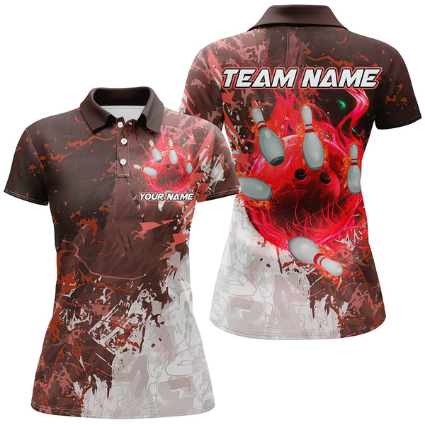 Red Camo Flame Bowling Polo, Quarter Zip Shirts For Women Custom Bowling Team Jersey Outfits NQS8703