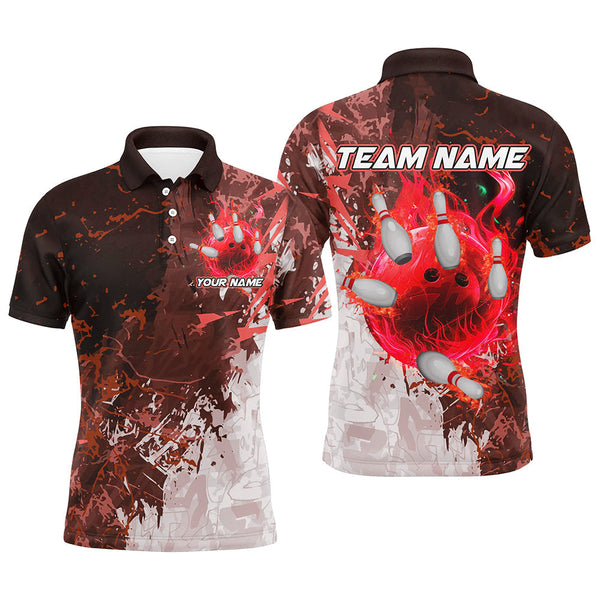 Red Camo Flame Bowling Polo, Quarter Zip Shirts For Men Custom Bowling Team Jersey Outfits NQS8703