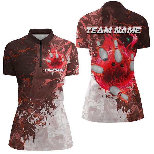 Red Camo Flame Bowling Polo, Quarter Zip Shirts For Women Custom Bowling Team Jersey Outfits NQS8703