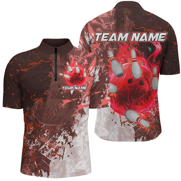 Red Camo Flame Bowling Polo, Quarter Zip Shirts For Men Custom Bowling Team Jersey Outfits NQS8703