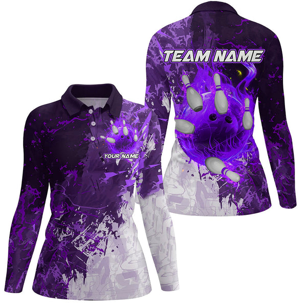 Purple Camo Flame Bowling Polo, Quarter Zip Shirts For Women Custom Bowling Team Jersey Outfits NQS8704