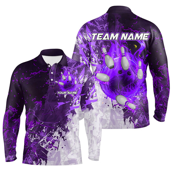 Purple Camo Flame Bowling Polo, Quarter Zip Shirts For Men Custom Bowling Team Jersey Outfits NQS8704
