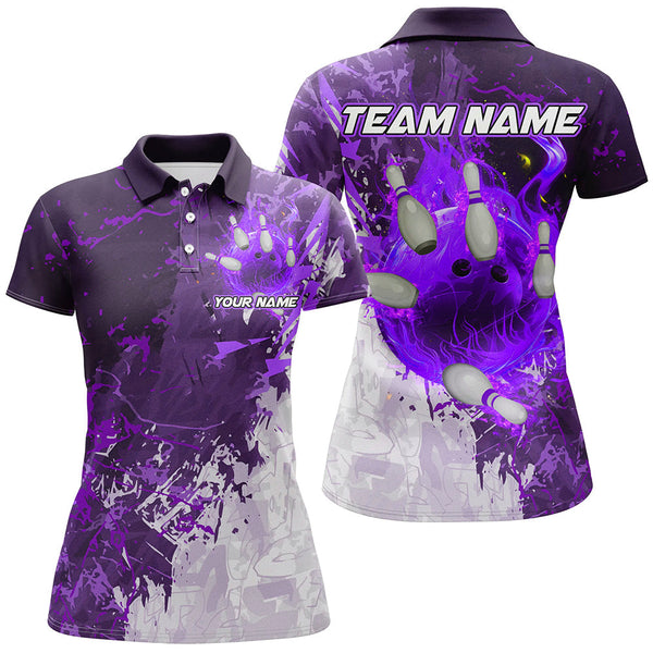 Purple Camo Flame Bowling Polo, Quarter Zip Shirts For Women Custom Bowling Team Jersey Outfits NQS8704