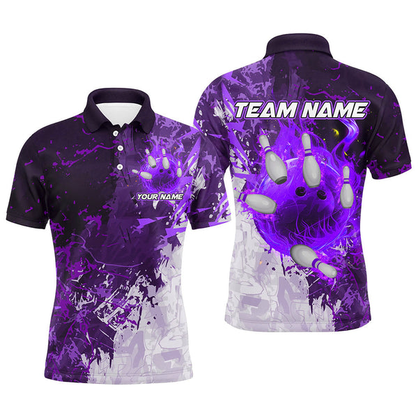 Purple Camo Flame Bowling Polo, Quarter Zip Shirts For Men Custom Bowling Team Jersey Outfits NQS8704