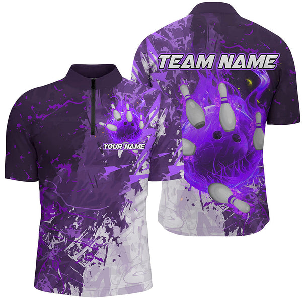 Purple Camo Flame Bowling Polo, Quarter Zip Shirts For Men Custom Bowling Team Jersey Outfits NQS8704