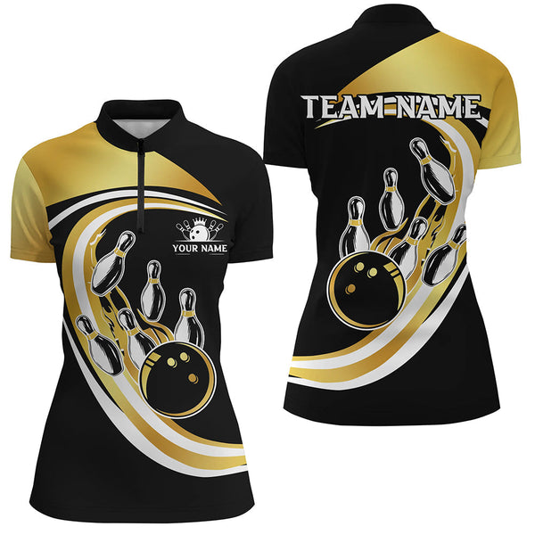 Black & Gold Bowling Polo, 1/4 Zip Shirts For Women Custom Bowling Team League Jersey, Gift For Bowler NQS8705