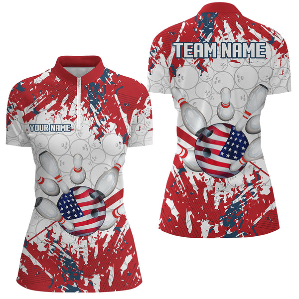 American Flag Bowling Shirt for Women Custom Bowling Jersey for Team Patriot Bowlers Shirt NQS8928