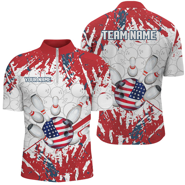 American Flag Bowling Shirt for Men Custom Bowling Jersey for Team Patriot Bowlers Polo, 1/4 Zip Shirt NQS8928