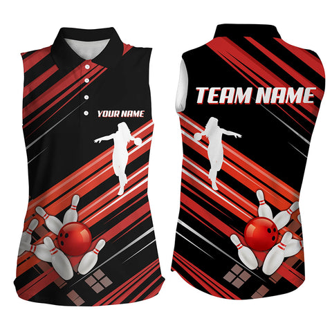 Red and Black Bowling Shirts for Women Custom Team Bowling Jerseys, Bowling Sleeveless Polo Shirt NQS9169